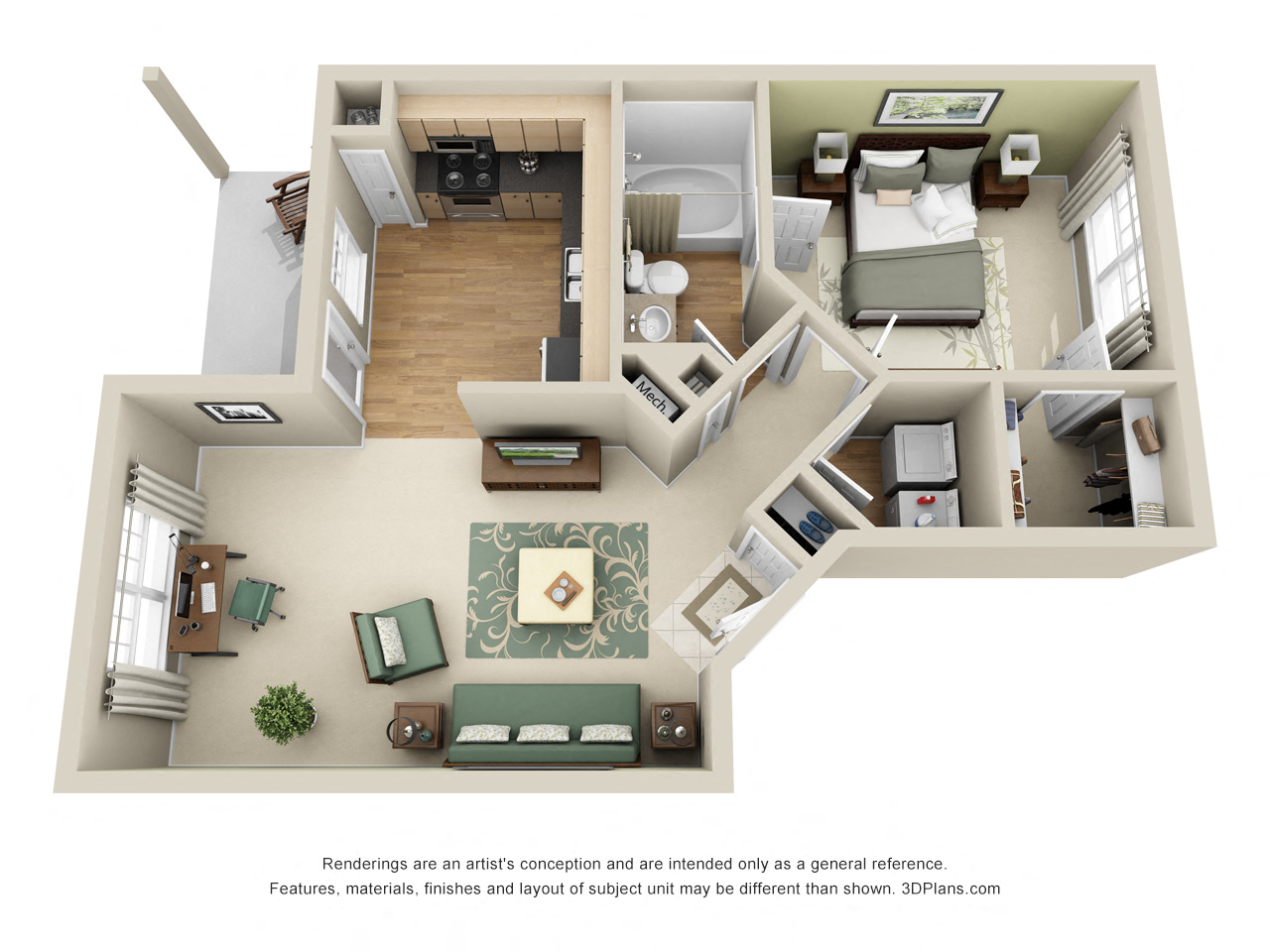 Floor plan for 1 bed, 1 bath, 710 sqft